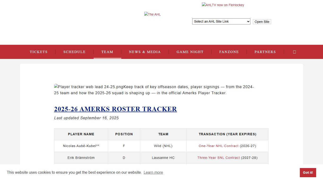 2025-2026 Player Tracker Rochester Americans